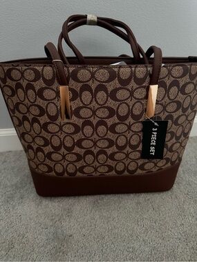 Brown Patterned Tote Bag with Gold Accent Handles ***Coach Knock Off***